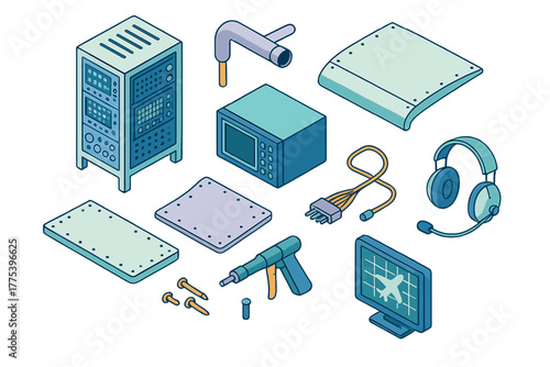Isometric set of aerospace engineering components, electronic equipment, tools, structural metal parts, and communication devices