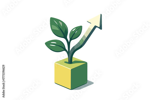 Plant growing from a geometric cube base with an upward arrow symbolizing sustainable business development