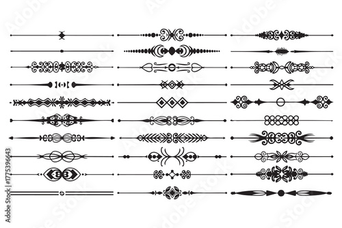 Thirty different black ornamental dividers displayed on a white isolated background show sophisticated line art