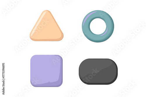 Soft pastel colored geometric shapes including triangle ring square and rounded rectangle