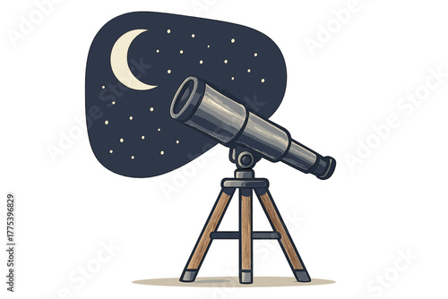 Astronomical telescope on a wooden tripod observing the crescent moon and starry night sky