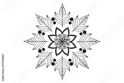 The detailed flower mandala is surrounded by sketched leaves and dots with transparent backdrop