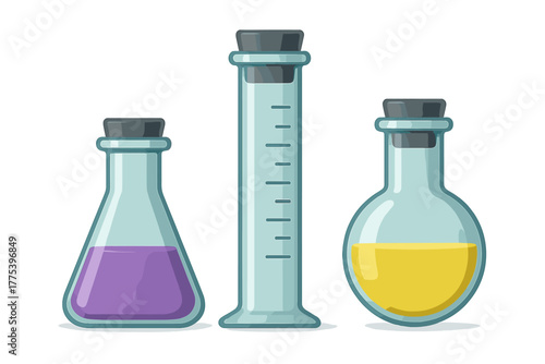 Essential chemistry lab glassware filled with colorful liquids for scientific experiments