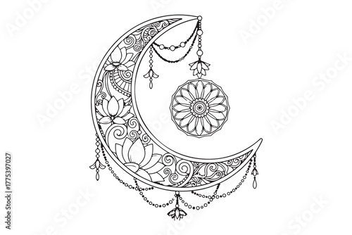 Ornate crescent moon featuring floral details and hanging charms against a transparent backdrop is visible