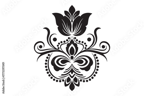Elaborate symmetrical floral blossom in bold black ink radiates elegance on white