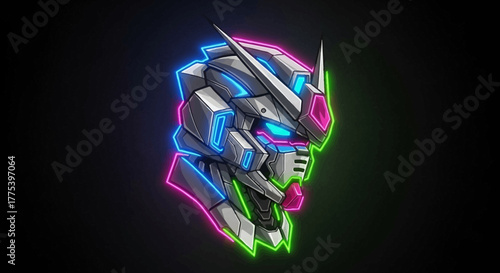 Cyberpunk robot head glows with neon light on black, perfect for futuristic gaming or sci-fi design projects that need a touch of edgy digital art