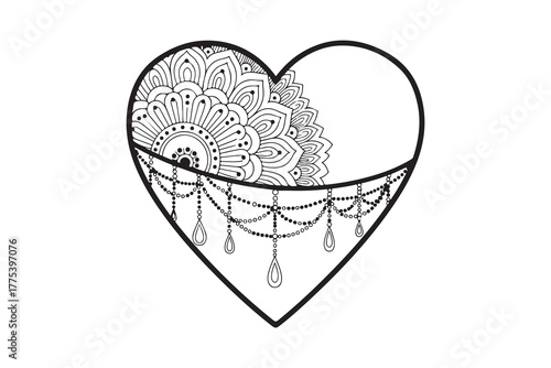 Half heart mandala with dangling beads and outline creates an intricate transparent background