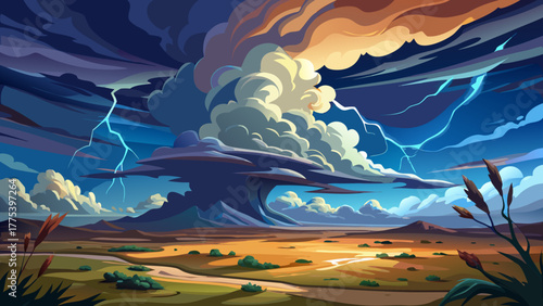 Very beautiful thunderstorm over the Kansas prairie, with dramatic lightning bolts illuminating vast open land and dark storm clouds overhead, showcasing the raw power and immense scale of nature.