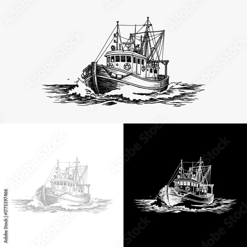 Detailed nautical illustration of a fishing vessel in the open sea vintage engraving