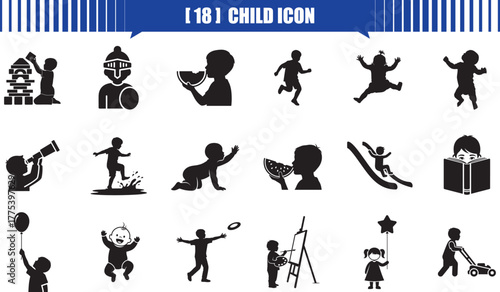 Black silhouettes of children engaging in various activities shown child, silhouette, playing, reading, watermelon, 