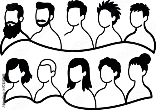 Diverse group of faceless people line art illustration concept design