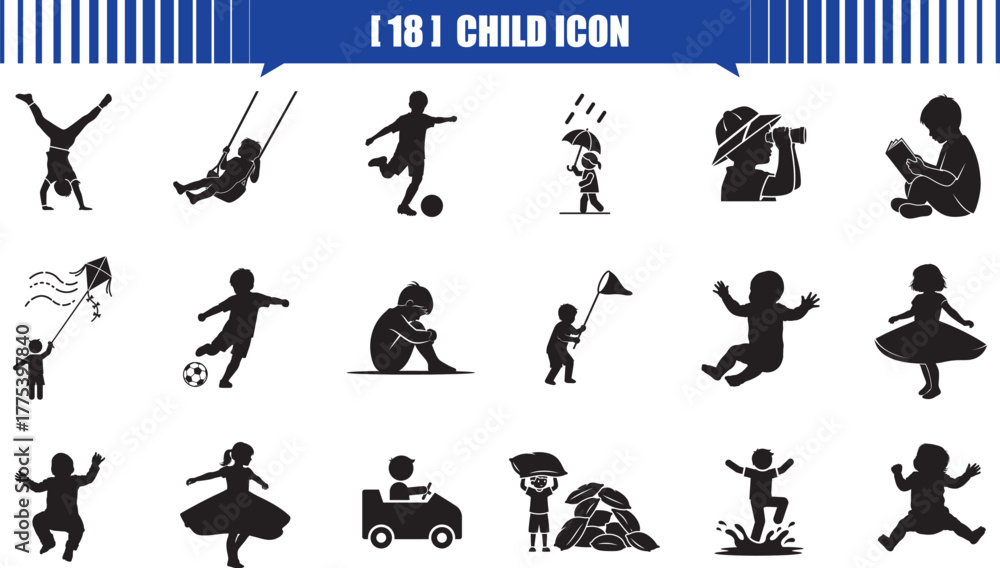 Naklejka premium Collection of child, kid, children, kids, icon, icons, silhouette, diverse child silhouette icons representing various activities and play