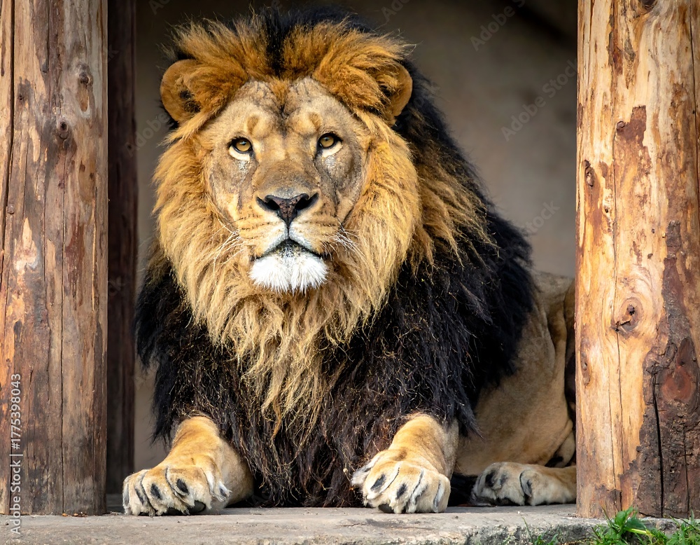 Obraz premium Majestic lion gazing directly ahead, resting inside a rustic wooden enclosure. Impressive mane, alert expression
