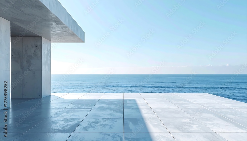Obraz premium Modern architectural space with ocean view under a bright sky. Sunlight creates shadows on the concrete patio floor reflecting the clear blue water