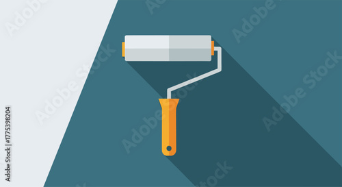 A flat design illustration of a paint roller with a long shadow, placed against a background partially painted in a fresh, light color.