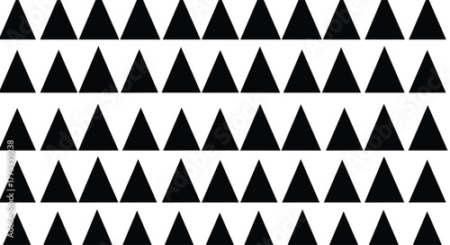Seamless geometric pattern of black triangles arranged in horizontal rows on a clean white background, creating a modern and repetitive design.