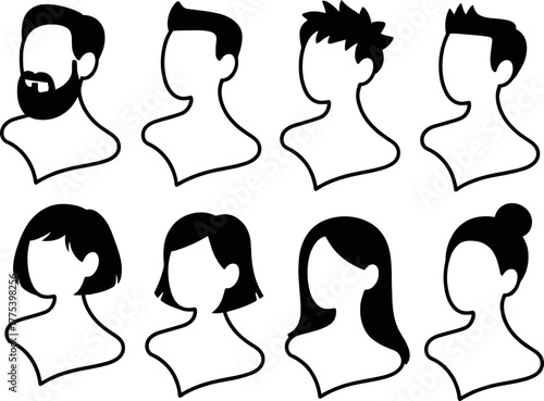 Diverse Silhouette Portrait Set of People with Different Hairstyles