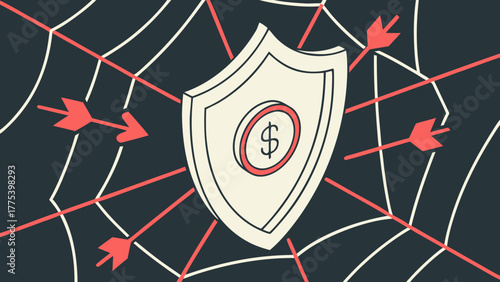 Financial security illustration: shield protecting money from threats and cyber web attacks online now always