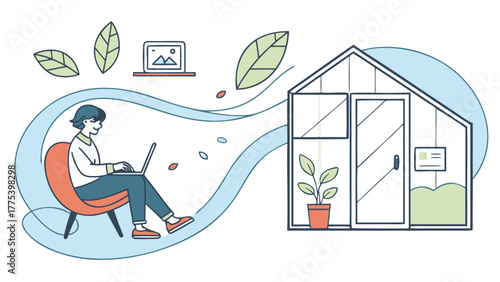 Illustration of remote work from home with laptop and greenhouse concept for digital nomad lifestyle
