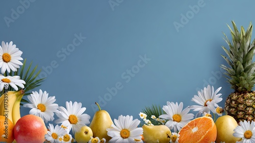 Tropical fruits and white daisies on blue background, summer floral border with pineapple, orange, and pear for fresh design with copy space.