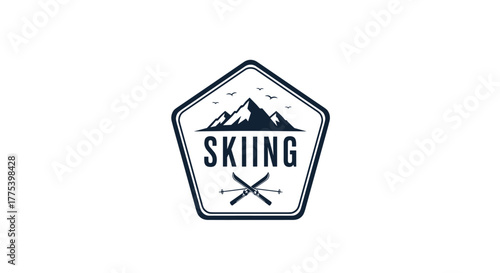 Vintage skiing badge logo with mountain peaks and crossed skis, perfect for winter sports branding and outdoor adventure.