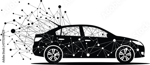 Black car with abstract network connections on white background car, vehicle, body, abstract, silhouette, lines, background, exterior, background., smart, grille, node, security, cloud, futuristic, ne