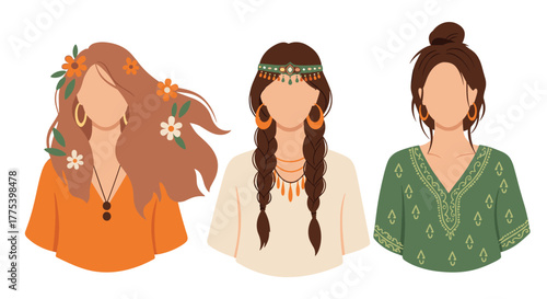 Portraits of three women embracing a bohemian aesthetic with natural hairstyles, floral accents, and ethnic-inspired clothing, celebrating free-spirited fashion.