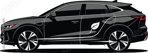 Black electric SUV with leaf emblem on white background electric car, SUV, black, body, environmental, background, exterior, background., grille, modern, clean, motor, concept, automobile, graphic, en