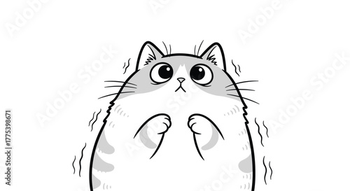 A chunky, grey and white cartoon cat looks up with big, scared eyes, trembling from fear on a clean white background.