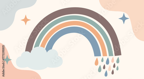 Soft and muted bohemian rainbow illustration featuring clouds, stars, and colorful raindrops on a light background.