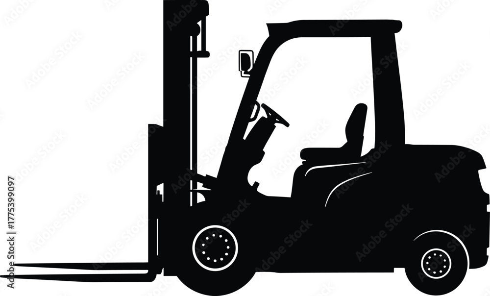 Naklejka premium Black silhouette of a forklift truck industrial vehicle, forklift, truck, industrial, vehicle, machinery, equipment, logistics, warehouse, transport, cargo, lifting, heavy, silhouette, black, white, i