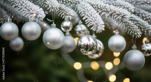 Wallpaper Mural Silver christmas ornaments hanging on a frosted pine branch with bokeh lights glow Torontodigital.ca