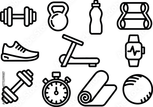 Fitness Gym Workout Equipment Icons Set on White Background