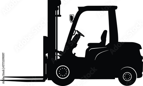 Black silhouette of a forklift truck industrial vehicle, forklift, truck, industrial, vehicle, machinery, equipment, logistics, warehouse, transport, cargo, lifting, heavy, silhouette, black, white, i