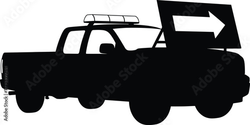 Black silhouette of a police car with a directional arrow sign police car, patrol car, silhouette, sign, graphic, roof, security, white, control, direction, automobile, order, minimalist, side, view, 