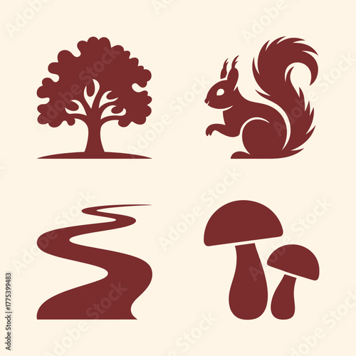 Set of forest silhouettes with tall oak tree, sitting squirrel, winding river, and pair of mushrooms