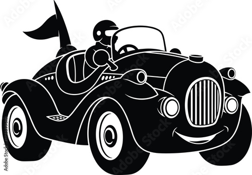 Cartoon Racer Driving a Vintage Car cartoon, car, vehicle, racing, driver, vintage, fun, helmet, cute, retro, child, smiling, white, vintage, cartoon, driver, classic, toy, automobile, graphic, happy,