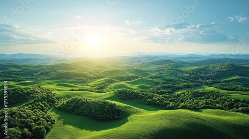 Fototapeta Naklejka Na Ścianę i Meble -  Lush green hills, sunlit landscape