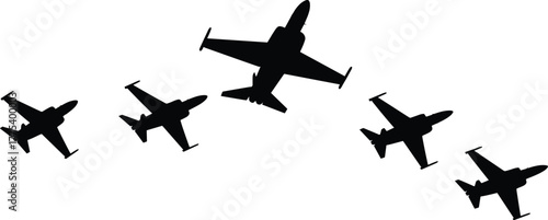 Formation of Fighter Jets Silhouettes Flying airplane, fighter jet, airplane, aircraft, formation, flying, sky, air force, military, aviation, speed, travel, transportation, silhouette, black and whit