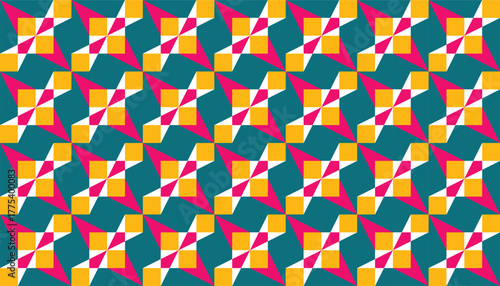 Seamless geometric pattern featuring bold pinwheel-like shapes in teal, magenta, yellow, and white. The repeating design creates a lively and playful rhythm, adding energy and vibrancy to any surface