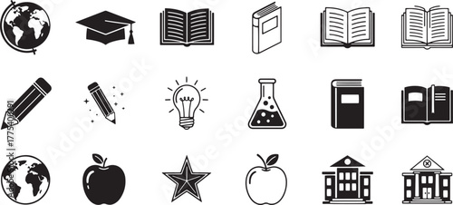 A collection of educational icons showcases learning symbols such as books, apples, and globes with black detail