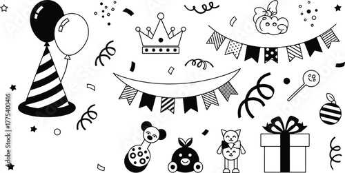Black and white line art depicts celebratory elements, including toys, balloons, and pennant banner