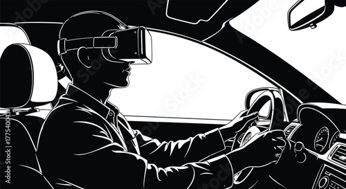 Man Wearing VR Headset Driving a Car Silhouette virtual reality, virtual reality, vr headset, man, driving, car, interior, steering wheel, technology, future, innovation, entertainment, gaming, simula
