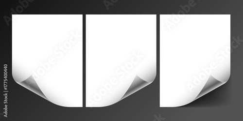 Curly paper page corners and curled paper sheet with turns, flips and folds in realistic style vector illustration for notebook, journal, poster, or branding mockup