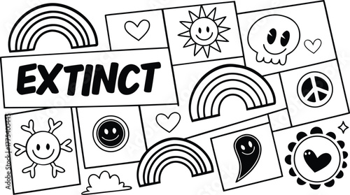Extinct text with doodle elements like rainbows and skulls