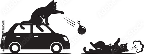 Black cat on car drops bomb as another cat gets gassed, transparent background