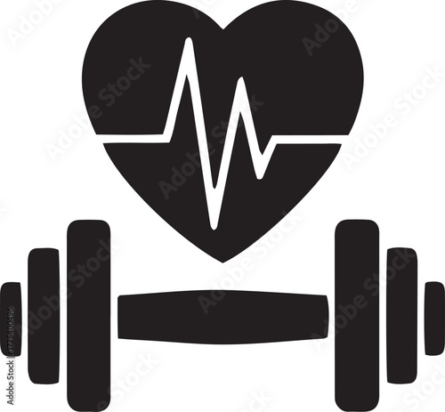 Black heart shape with heartbeat line sits atop dumbbell weightlifting equipment in transparent background
