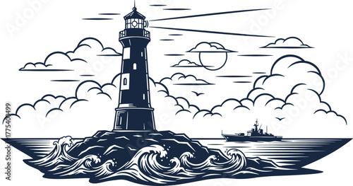 Lighthouse guiding a ship through stormy seas and clouds, lighthouse, sea, ocean, waves, storm, clouds, ship, boat, navigation, maritime, coast, beacon, light, guidance, danger, safety, travel, journe