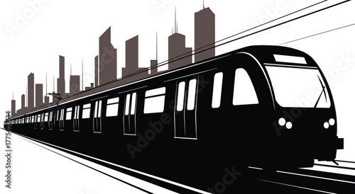 Modern subway train moving through a city skyline silhouette, subway, train, transportation, city, skyline, urban, modern, sleek, public transport, travel, commute, speed, movement, rails, tracks, bui
