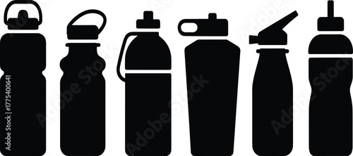 Water Bottle Silhouette Vector Set, Reusable Sport and Gym Drinkware Icons, Various Hydration Containers, Shaker Bottles, and Fitness Accessories Graphic Elements.